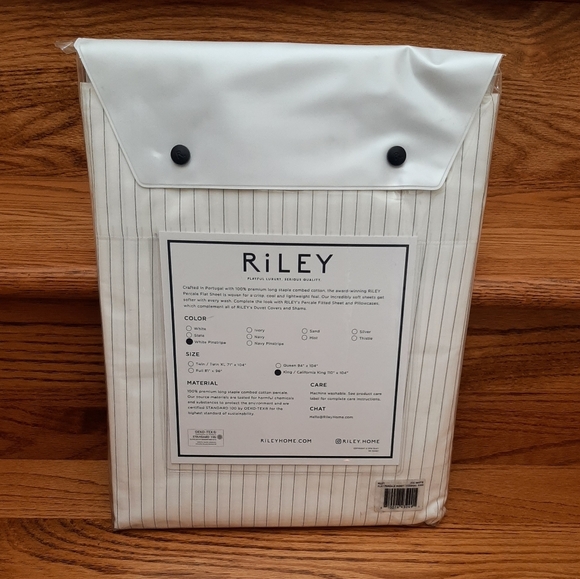 *RILEY Cotton Percale KING Flat Sheet White Pinstripe - Picture 2 of 8